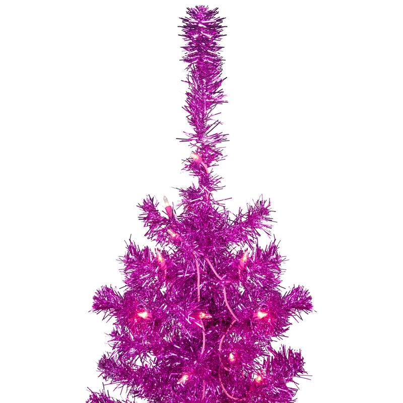 6' Pre-Lit Pink Artificial Tinsel Christmas Tree, Clear Lights - 6 Foot