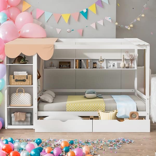 slide 2 of 27, Modern Full size House Bed with Two Drawers and Built-in Wardrobe,Storage Spaces for Bedroom White