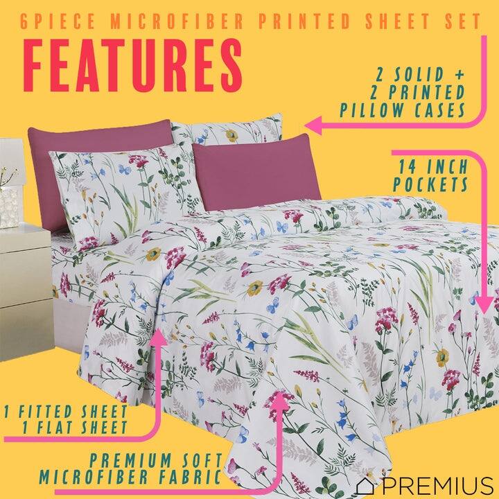 PREMIUS Premium Flora 4 & 6 Piece Microfiber Printed Wrinkle-Free Sheet Set