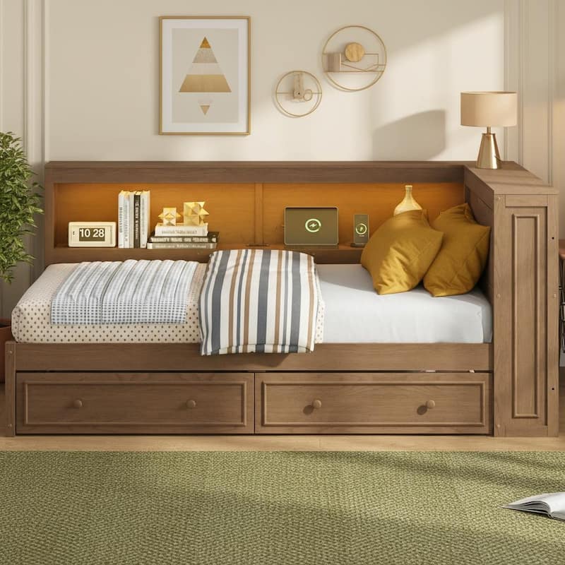 Full Size Wood Daybed with Storage Shelves, USB Ports, LED Lights & 2 Drawers by Harper&Bright Designs