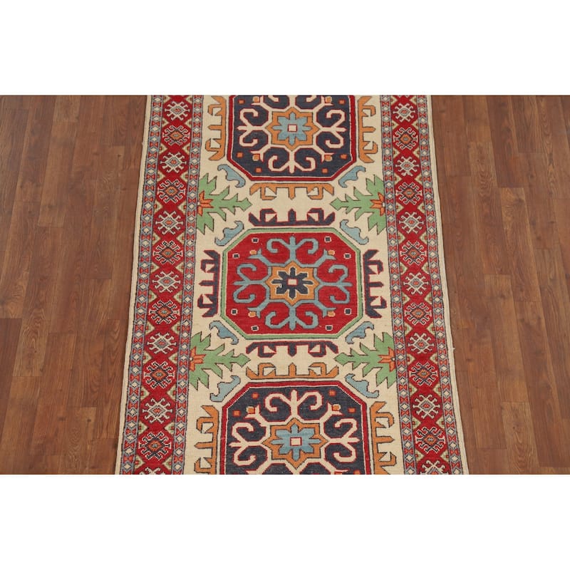 Geometric Kazak Runner Rug Hand-Knotted Wool Carpet - 3'3" x 7'2"