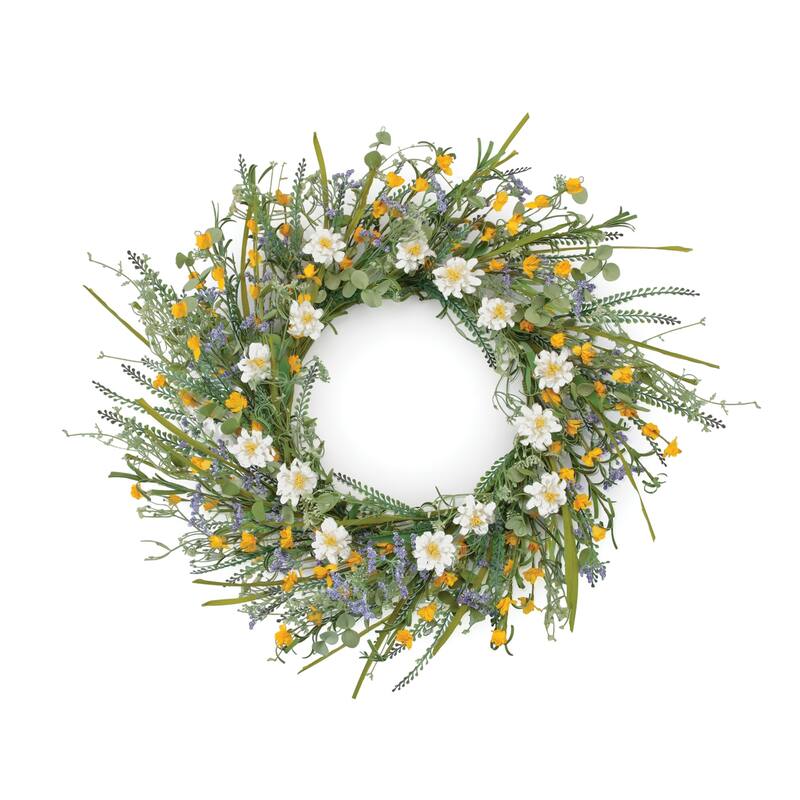 Mixed Daisy and Lavender Spring Artificial Wreath - 22" - White and Green