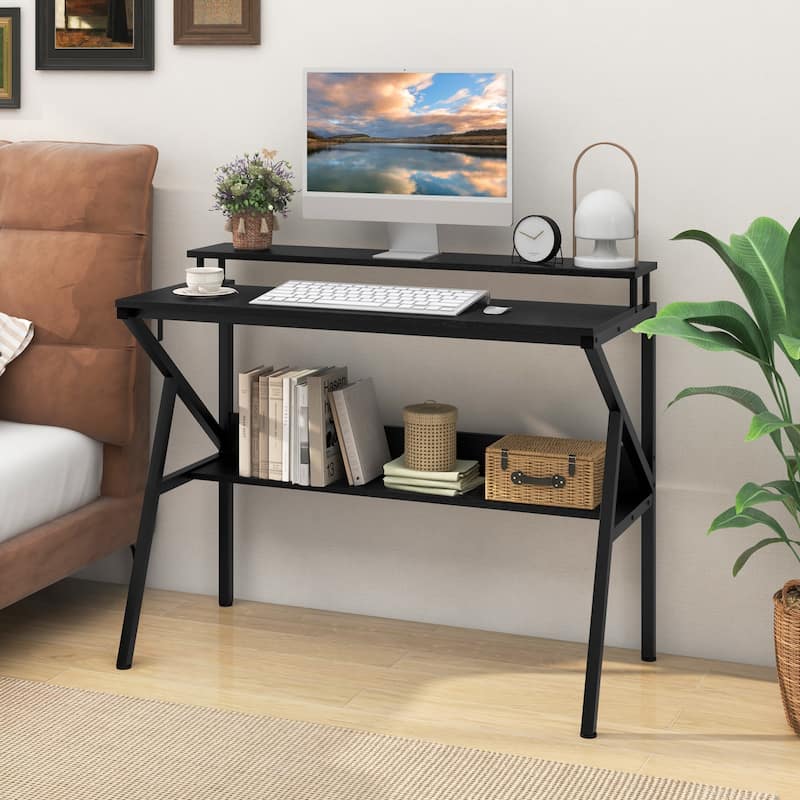 39 Inch Computer Desk with Monitor Shelf and Storage Small Home Office Gaming Table