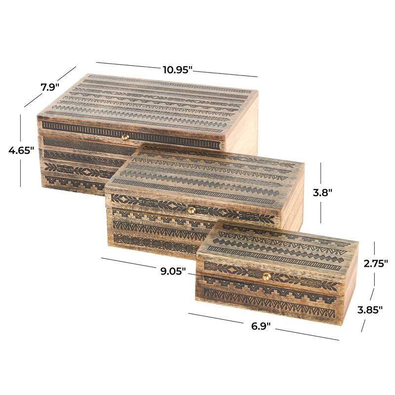 Brown Mango Wood Handmade Storage Scroll Box with Gold Accents (Set of 3)