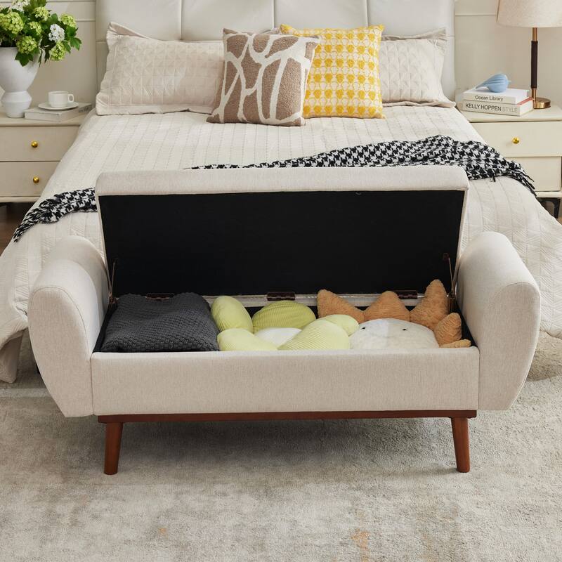Linen Fabric Storage Ottoman Bench with Hidden Compartment and Rubberwood Legs