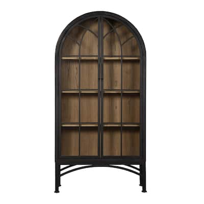 Veria China Cabinet, 2 Glass Door Arch Frame, Black Iron, 83 Inch