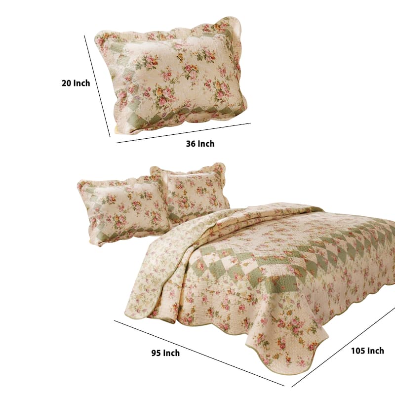 Denali 3 Piece Fabric King Size Quilt Set with Floral Prints, Multicolor