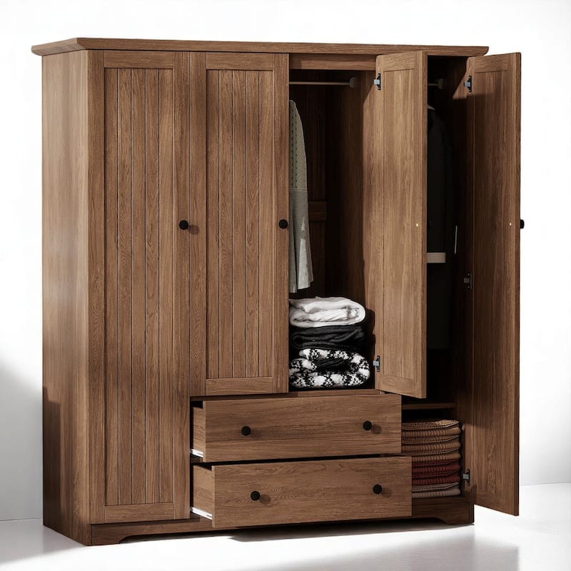 Wooden 4 Door Wardrobe Closet with 2 Drawers and Hanging Storage, Armoire Cabinet for Bedroom Organization