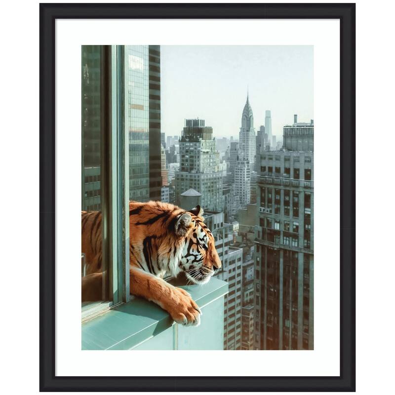 Kate and Laurel Framed Art Urban Tiger Overlooking Manhattan by Michael Schauer - 35x43 - Black