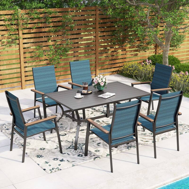 MAISON ARTS 7 Pieces Dining Set, 6 Aluminium Stackable Dining Chairs and a Metal Table - Blue