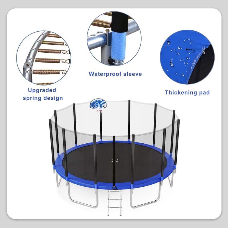 16FT Trampoline for Kids with Safety Enclosure Net, Basketball Hoop and Ladder, Round Outdoor Recreational Trampoline