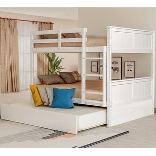 Elegant Full Over Full Bunk Bed, Twin Size Trundle with Removable Casters, Split into Two Separate Beds, Space-saving, White