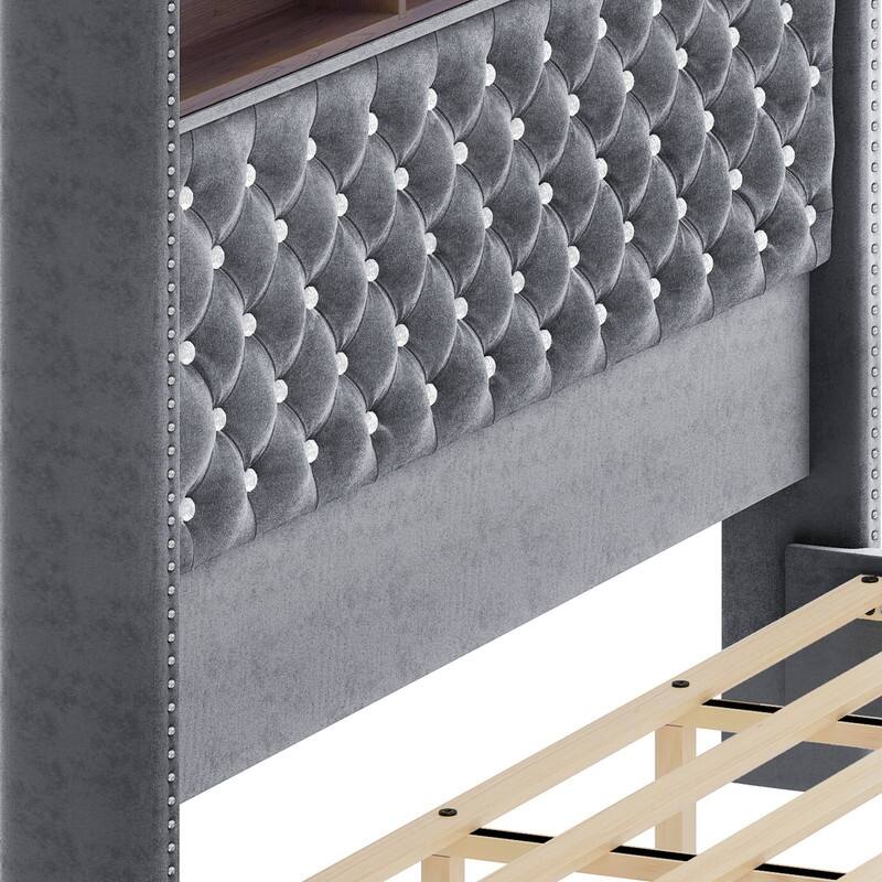 Moasis King Size Velvet Upholstered Bed Frame with Storage Headboard with USB Charging Stations