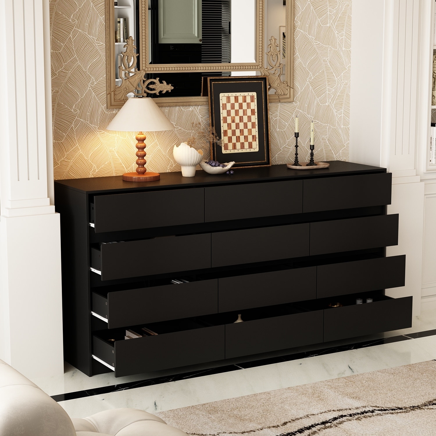 Modern 12-Drawer Bedroom Dresser - Sleek Storage Chest, White or Black