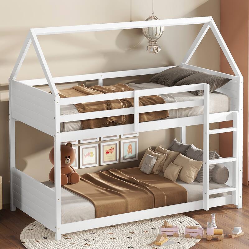 Twin Over Twin House Floor Bunk Bed with Headboards, Footboards and Guardrails, Ladder, with Safety Guardrails