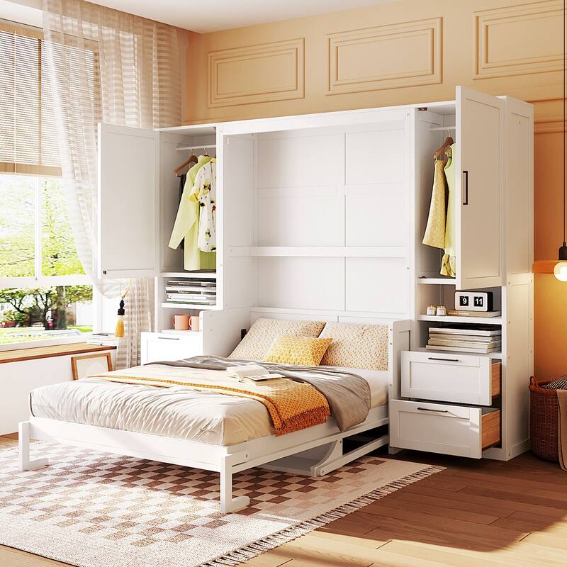 Superior Quality Full Size Murphy Bed Wall Bed with Closet, Drawers & Shelves, Multifunctional Space-Saving Solution, Gray