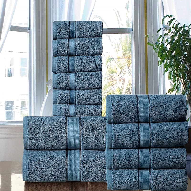 12 Piece Towel Set 600 GSM Long-Staple Combed Cotton Absorbent Bath Towels - Blue