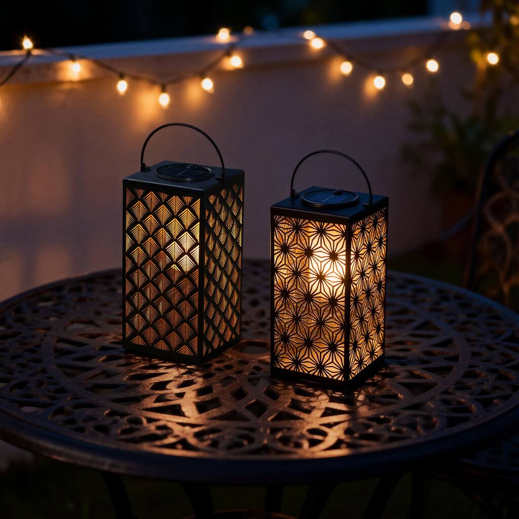 Glitzhome Metal Cutout Textured Pattern Solar Powered Hanging Lanterns Waterproof
