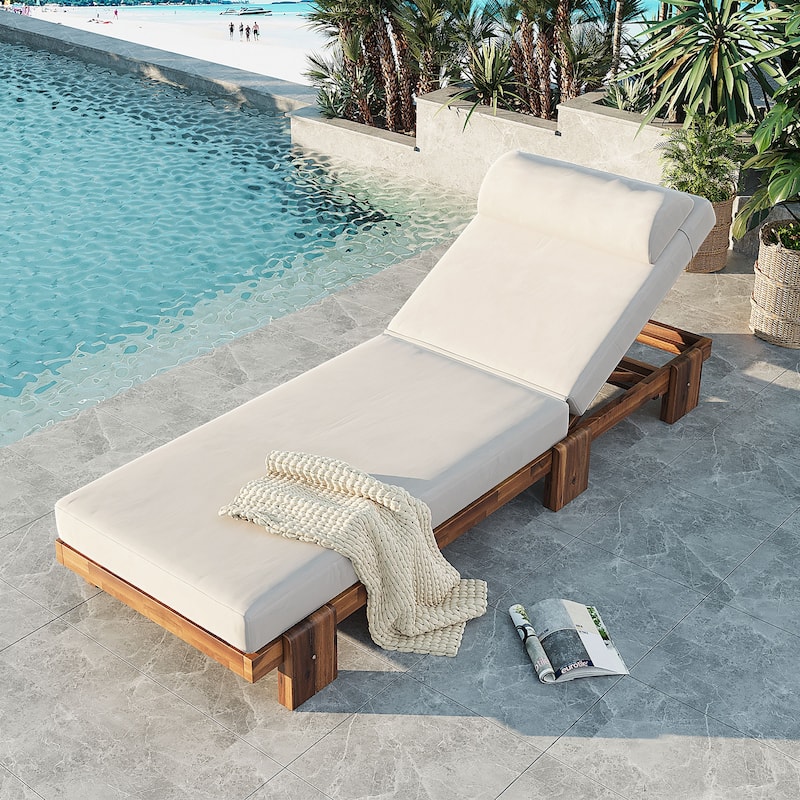78.8"Patio Chaise Lounge Chair, Acacia Wood Adjustable Recliner with Headrest and Retractable Side Tray