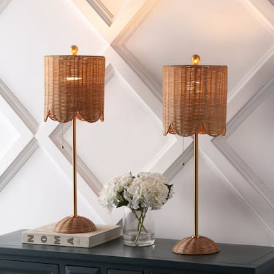 Aksel 27.5" Coastal Rattan/Iron Scalloped Buffet LED Table Lamp with Pull Chain, Natural/Brass Gold (Set of 2) by JONATHAN Y