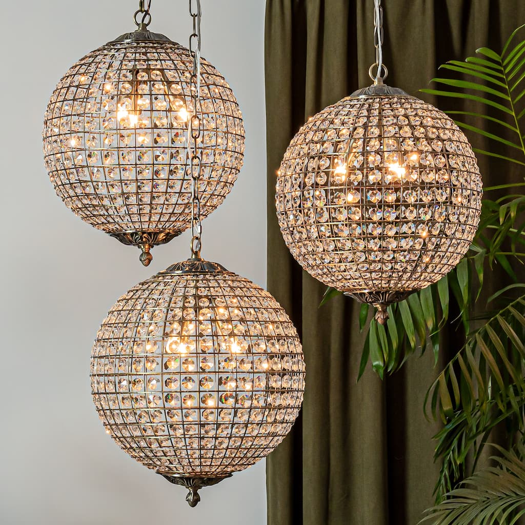 DancyHome 1/3-Light Retro Antique Bronze Crystal Globe Chandelier Small Sphere Pendant Light