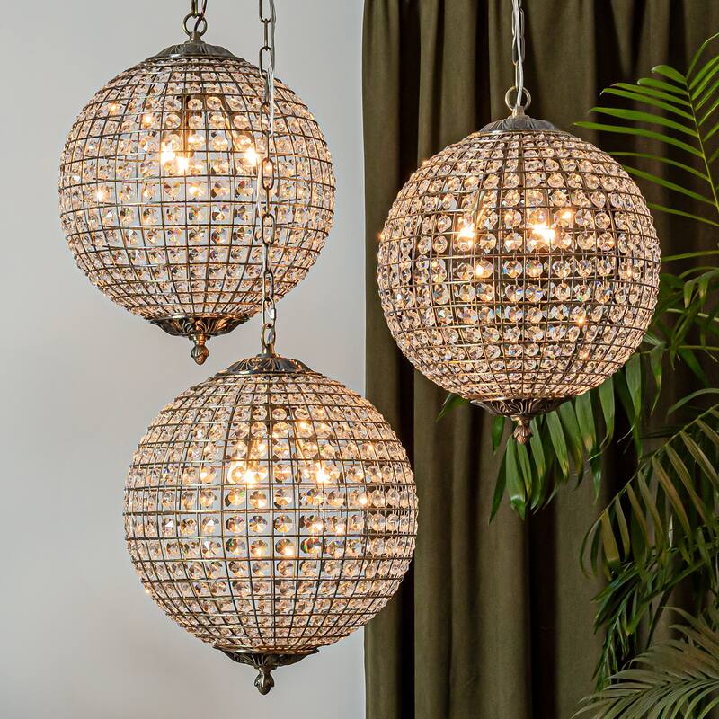 DancyHome 1/3-Light Retro Antique Bronze Crystal Globe Chandelier Small Sphere Pendant Light