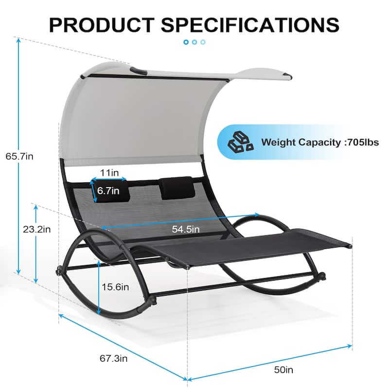 Outdoor Double Chaise Lounge Chair Rocking Lounger with Sunshade Canopy