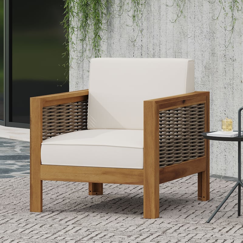 Roomfitters Outdoor Acacia Wood Club Chair with Wicker Accents and Cushions for Patio or Garden, Brown Beige