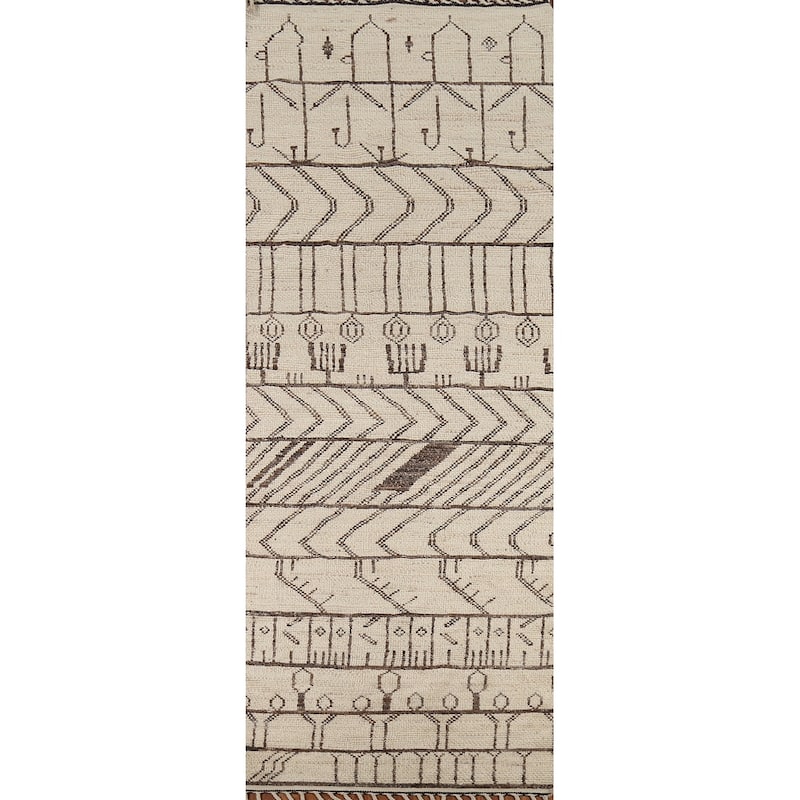 Geometric Ivory Moroccan Oriental Runner Rug Hand-Knotted Wool Carpet - 3'10"x 12'7"