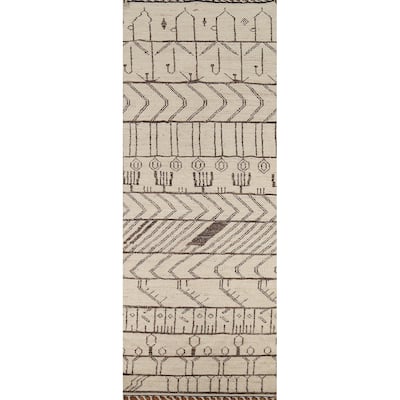Geometric Ivory Moroccan Oriental Runner Rug Hand-Knotted Wool Carpet - 3'10"x 12'7"
