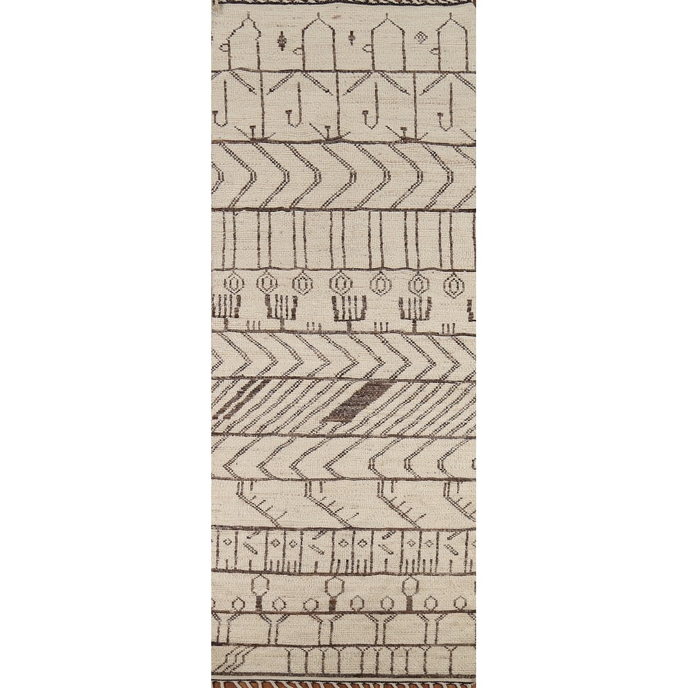 Geometric Ivory Moroccan Oriental Runner Rug Hand-Knotted Wool Carpet - 3'10"x 12'7"