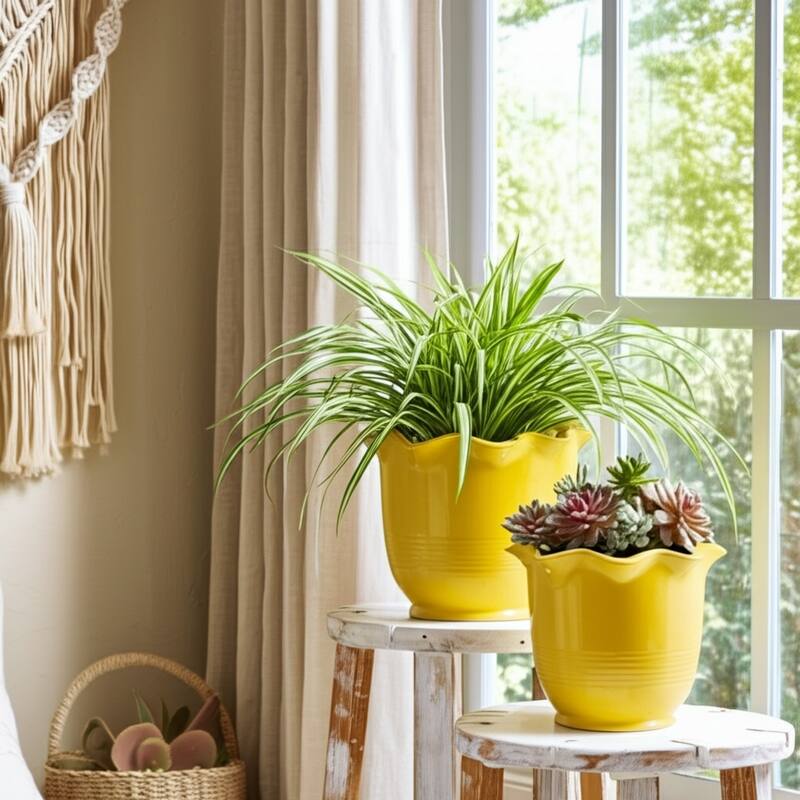 Ceramic Planter Scalloped Rim Ribbed Design Home Decor (Set of 2) - 8" x 8" x 6.75"