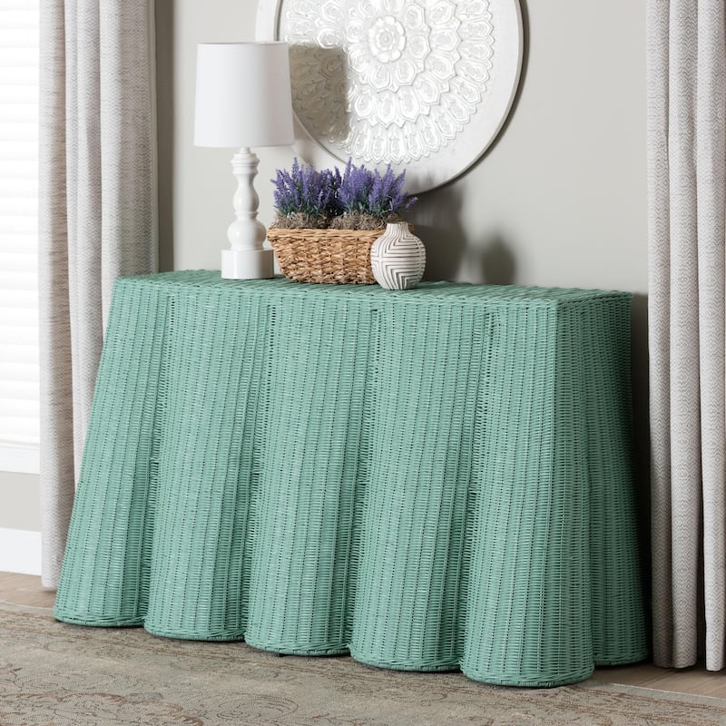 Palm Scallop Natural Rattan Console Table – Handwoven Wicker Accent Table for Hallway or Entryway, Coastal Décor, Rectangle