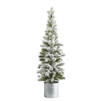 3ft. Flocked Pine Artificial Christmas Tree in Tin Planter - Compact Snowy Holiday X-Mas Accent