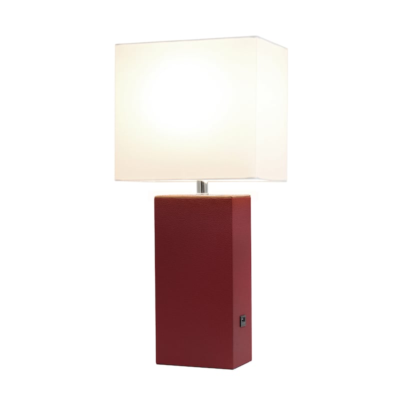 Modern Leather Table Lamp with USB and White Fabric Shade