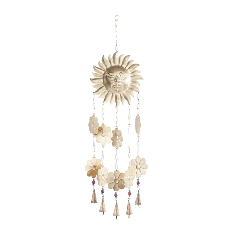 Metal Sun and Moon or Floral Sun and Flowers Windchime with Glass Beads and Cone Bells - Gold - Roche River Decor