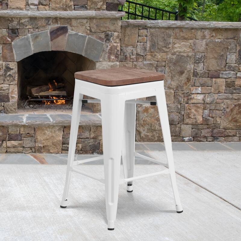 24" High Backless Metal Counter Height Stool with Square Wood Seat - White