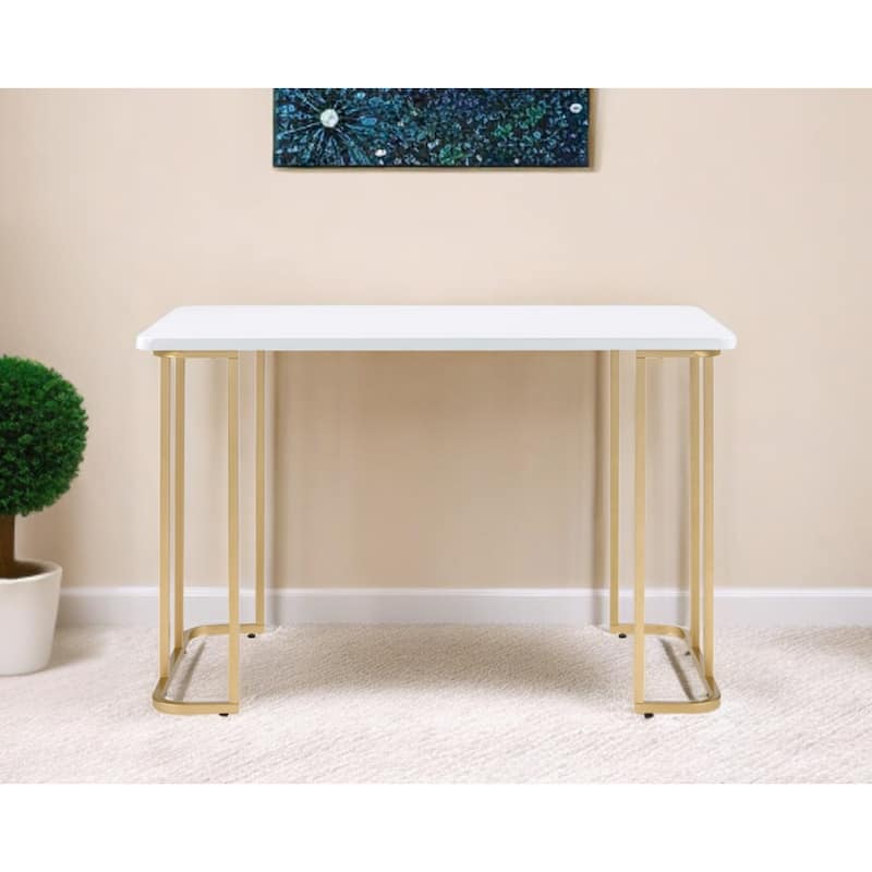 White Wood Writing Desk with Gold Metal Sled Base and Reversible Design