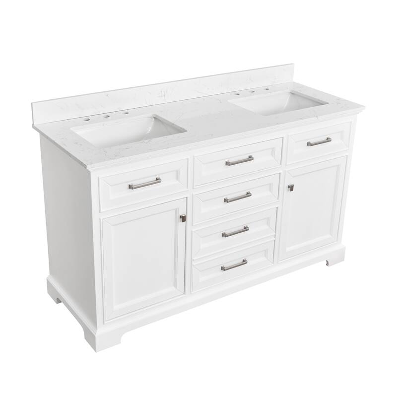 Prismarble Bathroom Vanity 60 in White with Marble Top & Backsplash, Double Sinks