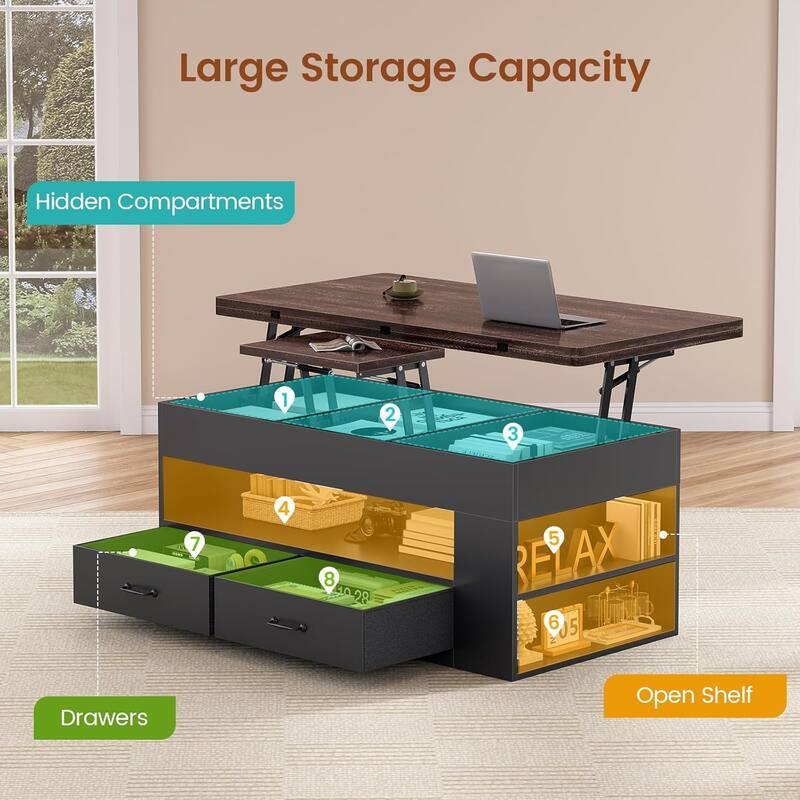 Lift Top Coffee Table Open Storage Shelf & Hidden Classified Storage
