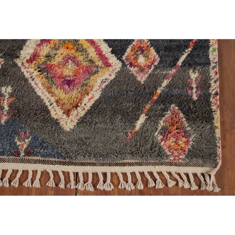 Hand Knotted Oriental 100% Wool Carpet Modern Tribal Greys & Charcoal Moroccan Area Rug - 6' 11'' X 4' 1''