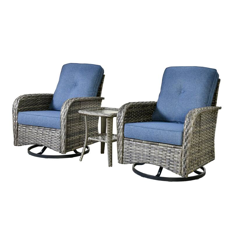 HOOOWOOO 3-piece Grey Wicker Patio Swivel Rocking Chair Set