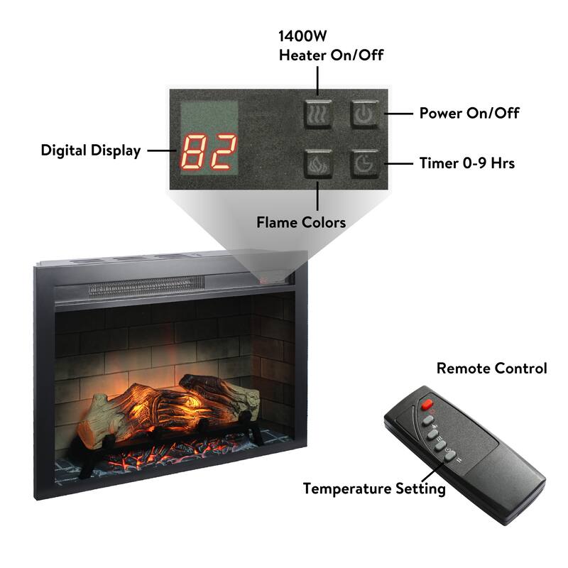 Stylish 28-Inch Electric Fireplace Insert with Adjustable Multicolored Flames & Ember Bed Brightness