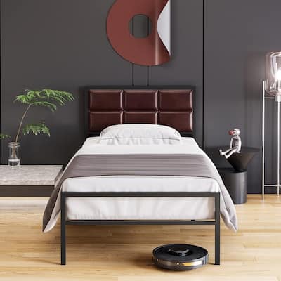 Faux Leather Platform Bed Frame with Upholstered Square Stitched Headboard
