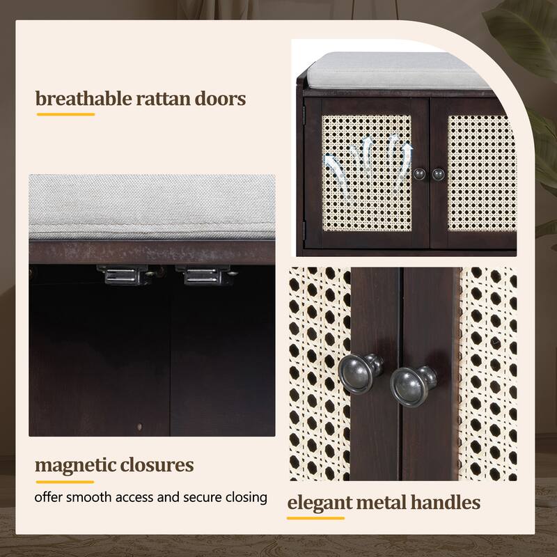 Rustic Storage Bench with Removable Cushion, Rattan Doors & Adjustable Shelf