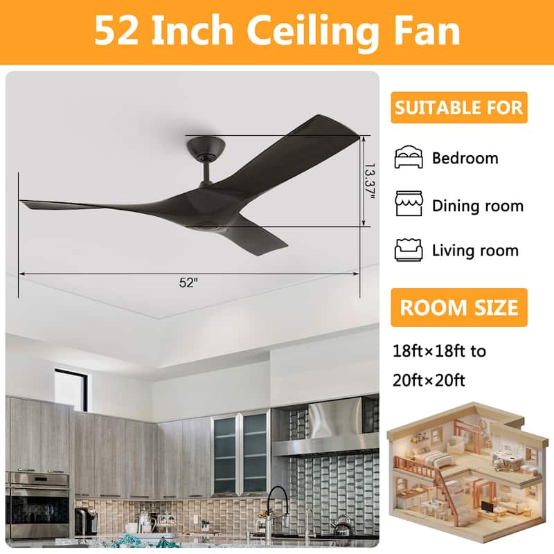 52" Black/ Brown Modern Downrod Ceiling Fan with Remote Control