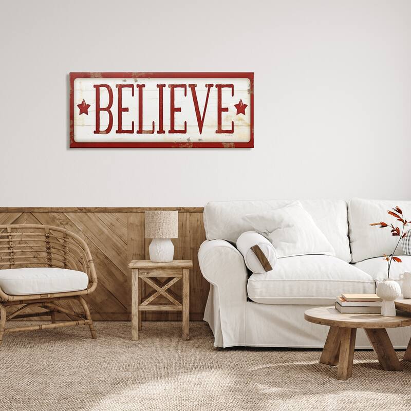 Stupell Believe Sign Red Christmas Holiday Word Design Canvas Wall Art, Proudly Made in USA