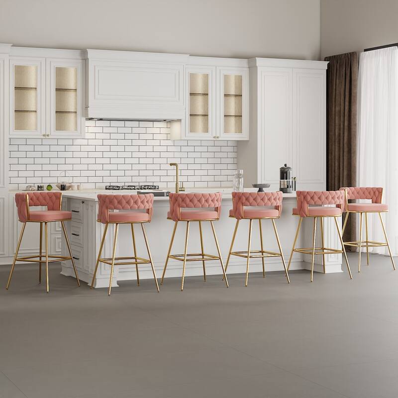 Javlergo Set of 2/4/6 Counter Height Bar Stools, 26.77" Upholstered Woven Back Bar Chairs with Armrests and Footrest - Pink - Set of 6