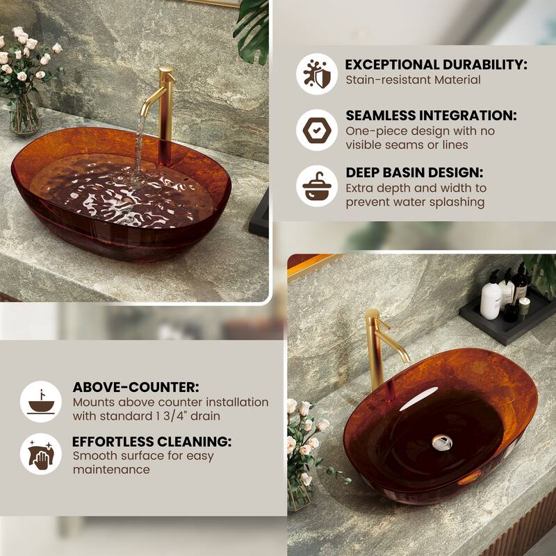 Transparent Resin Vessel Bathroom Sink Included Pop-up Drain and Drain Hose, Modern Above Counter Wash Basin with Center Drain