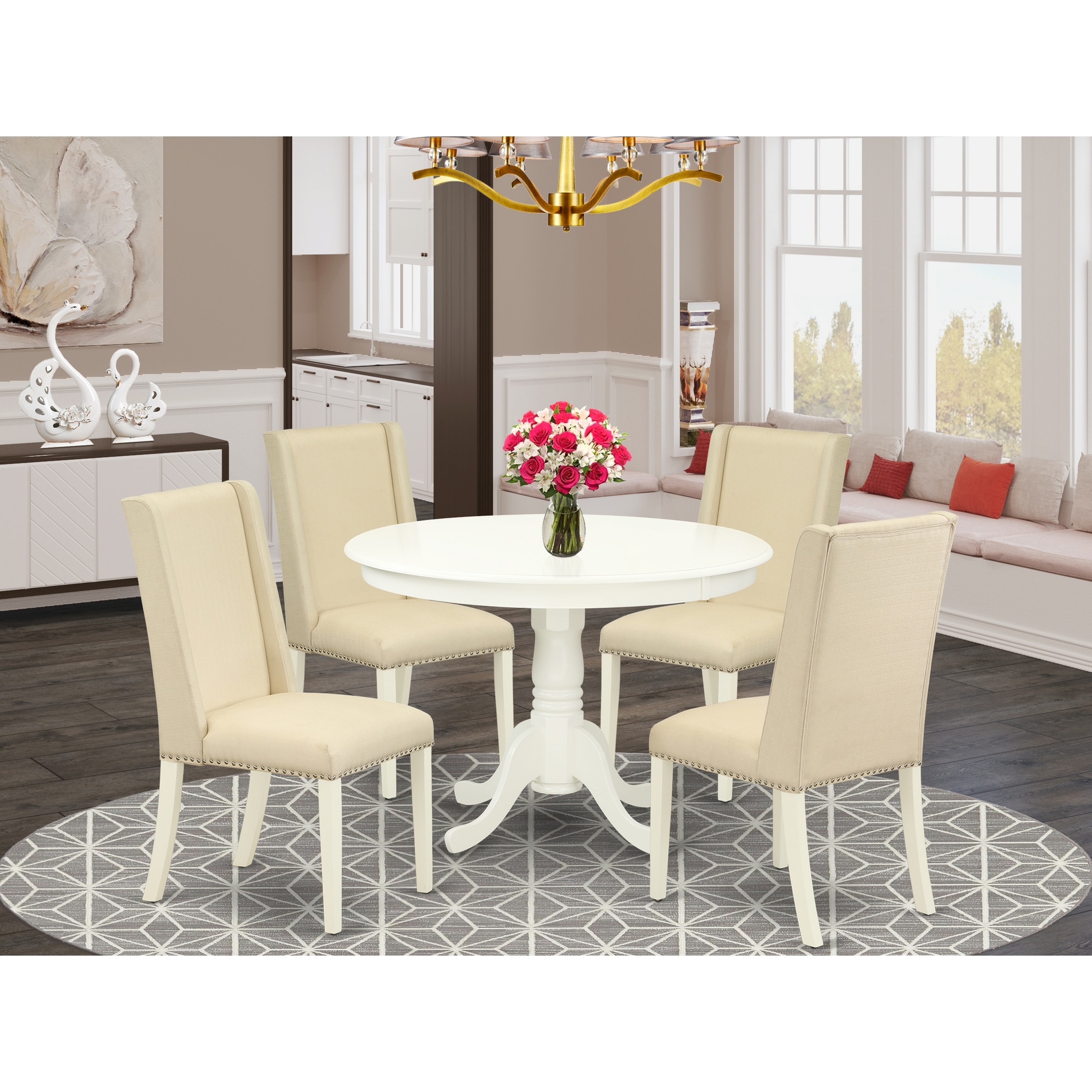 Shop HLFL5 LWH 01 5 Pc Dining Room Set 4 Parson Dining Chairs And Dining Table High Back Linen White Finish Overstock 32086050